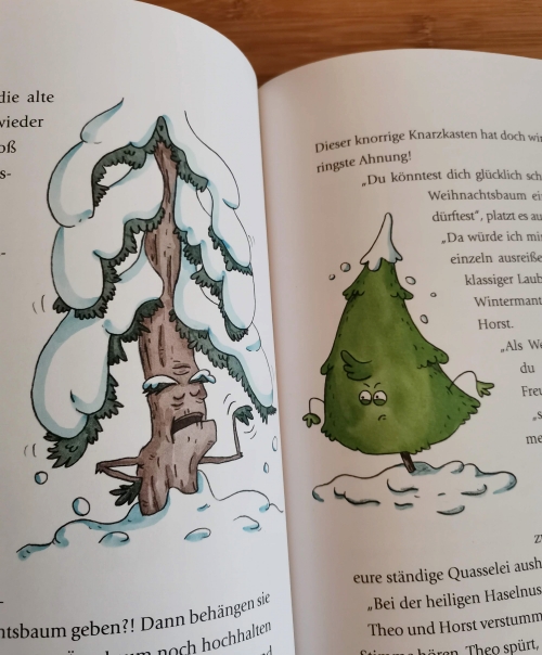 Eine Innenseite aus "Theo von Tanningen", geschrieben von Katharina Mauder und illustriert von Horst Hellmeier. Zu sehen sind die alte Meckertanne Horst vom Forst und der ebenfalls wütende kleine Theo von Tanningen.